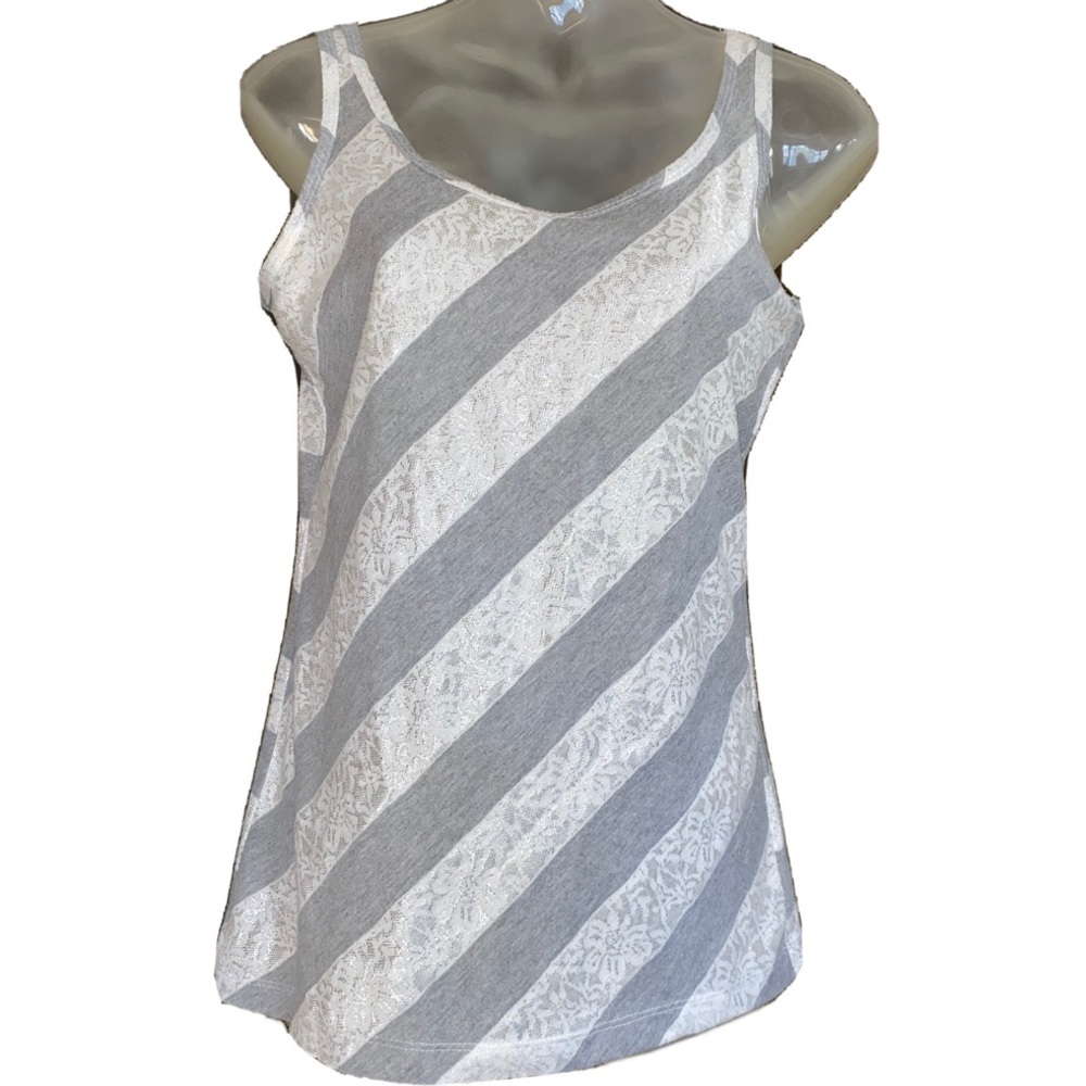Grey White Striped Tank Top Lace Diagnal Stripes